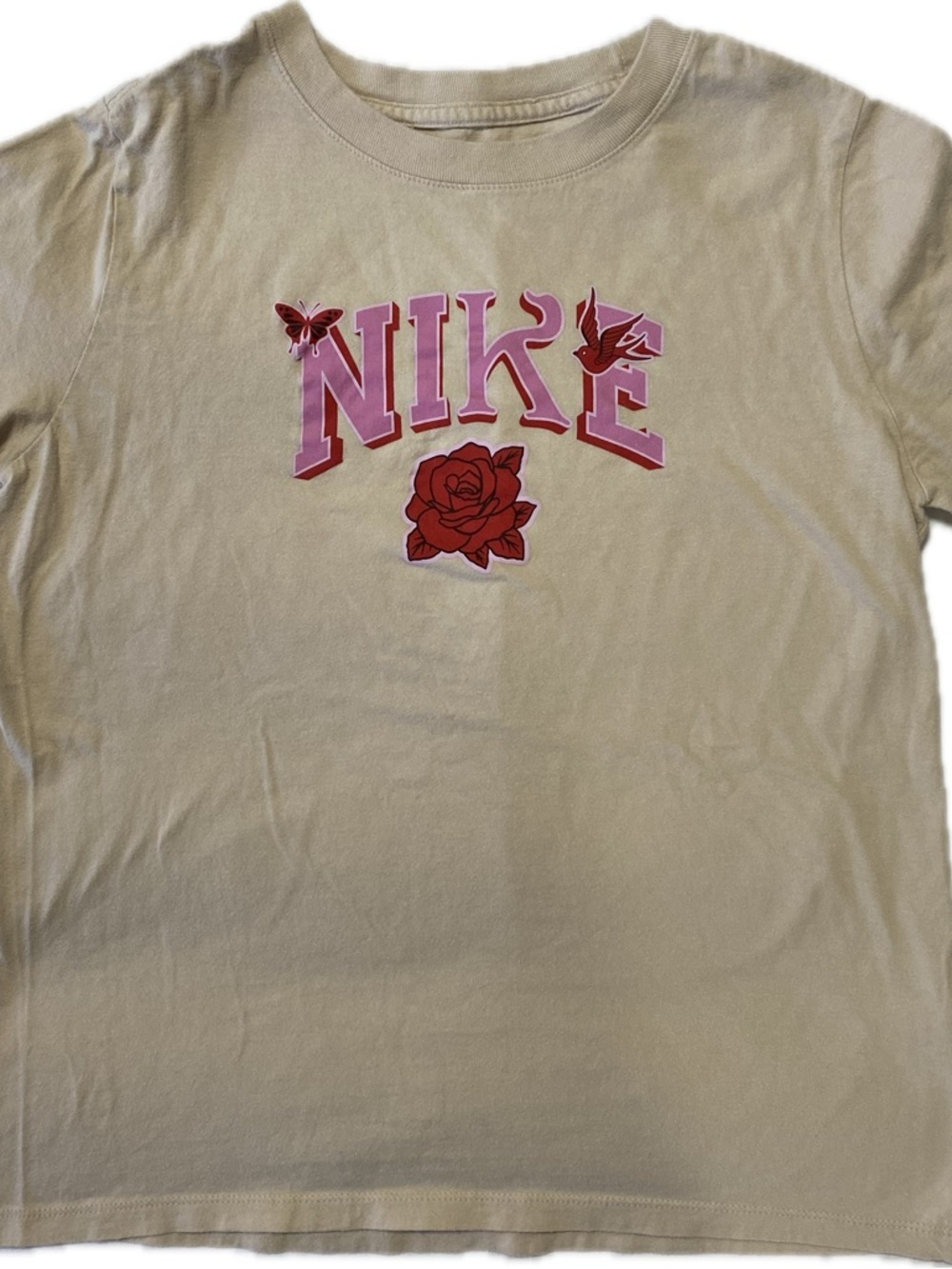 Nike Cream T-Shirt with Pink Logo and Red Roset size M